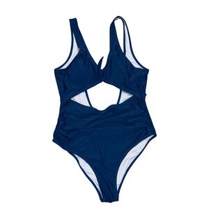 Cupshe Cutout Tie Front One Piece Swimsuit Women Large Navy Teal Blue EUC Ruched